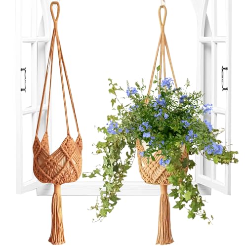 Zasdvn Hängbarer Makramee Pflanzenhalter - 2er Set Hängbare Blumenampeln,Moderne Boho Häkel-Decken Deko, Blumentopfkorb Für Fenster Und von Zasdvn