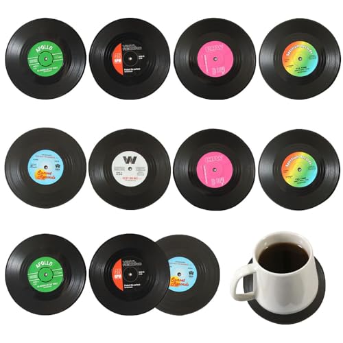 Zasiene Vinyl-Schallplatten-Untersetzer 12 Stück Retro CD-Schallplatten-Untersetzer Retro-CD-Schallplatten-Kaffeetassenmatte Retro Vinyl Schallplatten Untersetzer rutschfeste Vinyl-Untersetzer von Zasiene