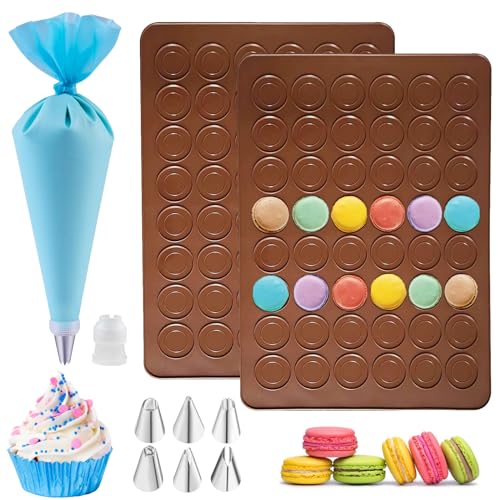 Zasjon 2 Stück Macarons Backmatte mit Spritzbeutel und 6 Spritztüllen, 48 Mulden Silikon Backmatte Macaron Groß Antihaftbeschichtet Silikon Backformen für Makronen, Schokolade, Keksen, Brot, 39 x 29cm von Zasjon