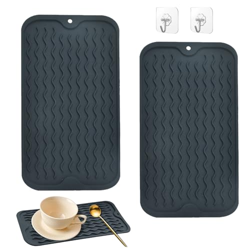 Zasjon 2 Stücke Abtropfmatte Geschirr Abtropfmatte Silikon mit Selbstklebende Haken 30x15 cm Abtropfmatte Spüle Rutschfeste Hitzebeständige Geschirrspülmatte Dish Drying Mat für Geschirr, Gläsern von Zasjon