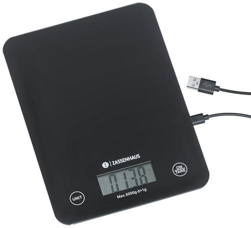 Zassenhaus Küchenwaage Digital BALANCE, USB Aufladefunktion, 5kg/1g, Zuwiegefunktion, besonders flach, Sensor-Touch-Bedienfeld von Zassenhaus