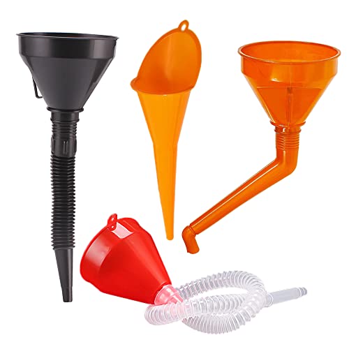 Zasvec Einfülltrichter Set 4 Stück Trichter mit Schlauch Trichter Benzin Trichter Set Universal Plastik Öltrichter Auto mit Abnehmbarem Schlauch und Sieb Rot/Orange/Schwarz für Auto Motorrad von Zasvec