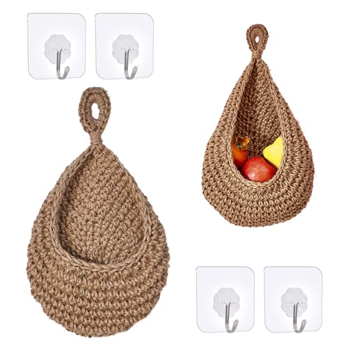 Zasvec Hängekorb 2 Stück Obstkorb Hängend Wandkorb Hängekorb Küche mit Haken Wandkorb Handgewebt Dekorativer Handgewebt Baumwollegewebe Obstkorb Aufbewahrungskörbe für Küche Obst Wandpflanzer von Zasvec