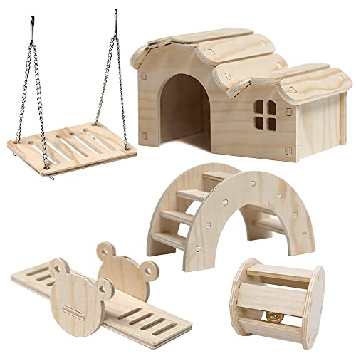 Zasvec Hamster Spielzeug aus Holz 5 Stück Spielzeug für Mäuse Hamsterhaus Hamster Versteck Haus Brücke Wippe Schaukel Trainingspielzeug Käfig Dekor Zubehör für Hamster Meerschweinchen Rennmäuse von Zasvec