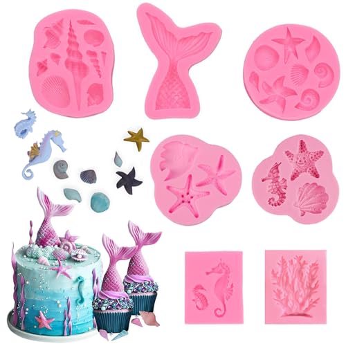 Zasvec Silikonform Meerjungfrau Fondantform 7 Stück Silikon Fondant Formen 3D Meerjungfraus Silikon Backformen Meerjungfrau Schwanz Fondantform Muschelform DIY Backform für Kuchen, SüßIgkeiten von Zasvec