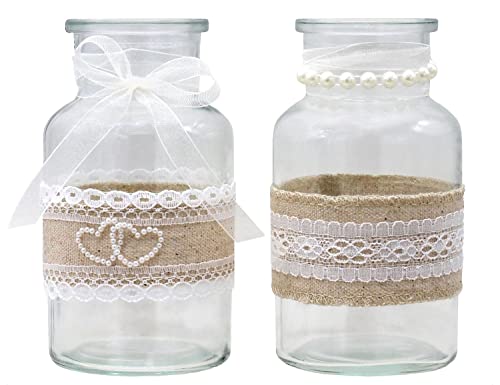 2 Vasen Gläser Spitze Creme Hochzeit Vintage Tischdeko Natur Jute Deko von ZauberDeko