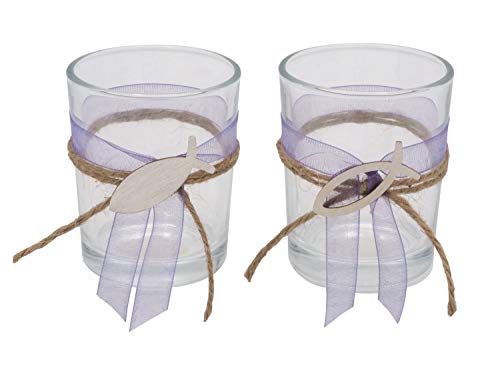 2X Teelichtglas Grün Rosa Pink Lila Fisch Vintage Kommunion Konfirmation Tischdeko, Farbe:Lila 2X Teelichtglas Grün Rosa Pink Lila Fisch Vintage Kommunion Konfirmation Tischdeko, Farbe:Lila von ZauberDeko