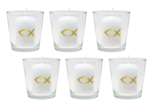 6X Kerzen Fisch Gold und 6X Votivglas Kommunion Taufe Konfirmation Tischdeko Kerzendeko von ZauberDeko
