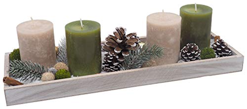 Adventsgesteck Weihnachten Deko Tablett Holz Grau Kerzen Taupe Grün Streudeko 40cm von ZauberDeko