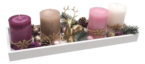 Adventsgesteck Weihnachten Weihnachtsdeko Tablett Hirsch Gold Rosa Beere Deko 40cm von ZauberDeko