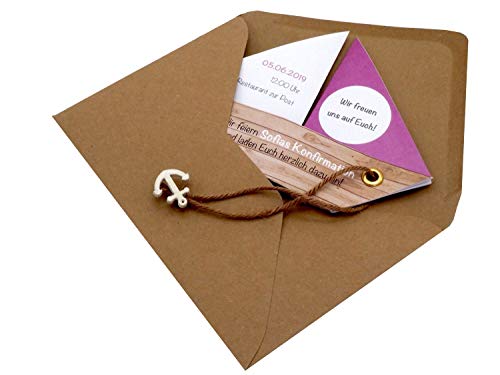 Einladungskarte Kommunion Konfirmation Taufe Boot Schiff Mauve Lila Einladung Umschlag Braun Weiß, Farbe:Braun Einladungskarte Kommunion Konfirmation Taufe Boot Schiff Mauve Lila Einladung Umschlag Braun Weiß, Farbe:Braun von ZauberDeko