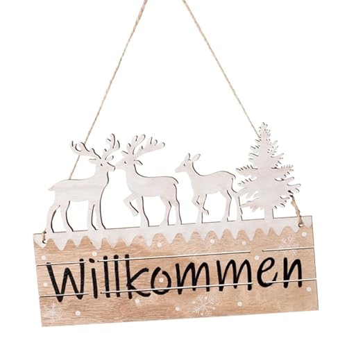 Holz ' Willkommen' Schild Weiß Natur Hirsch Reh Baum Weihnachten Deko Wanddeko 21cm von ZauberDeko