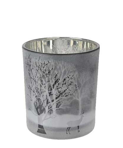 Kerzenglas Klein Hirsch Wald 3 Farben Teelichthalter Weihnachten H8cm, Farbe:Grau von ZauberDeko