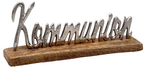 Kommunion Schriftzug Aluminium auf Holzfuß Dunkel Hell Tischdeko 23cm, Farbe:Hell von ZauberDeko