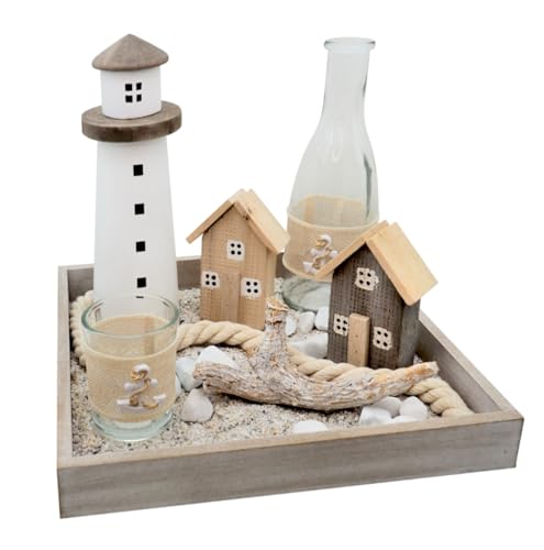 Maritimes Deko Set auf Holztablett - Leuchtturm, Deko Häuser, Vase & Streudeko 25 x 25 x 3 cm von ZauberDeko
