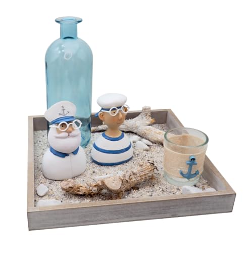 Maritimes Deko-Set auf Tablett - Kapitän & Matrose, Teelichtglas, Vase, Streudeko - Tischdeko Sommer 25 x 25 x 3 cm von ZauberDeko