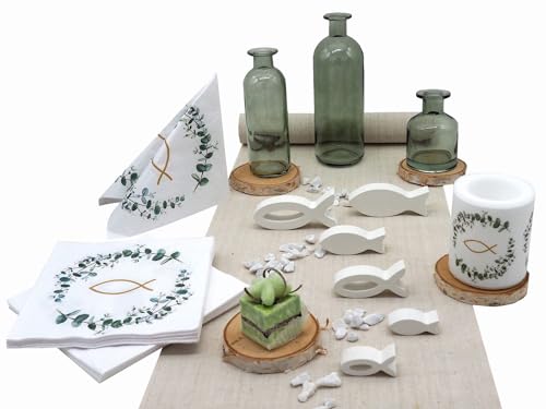 ZauberDeko Tischdeko Kommunion Konfirmation Eukalyptus Salbei Vasen Natur Holz Set 20 Personen von ZauberDeko