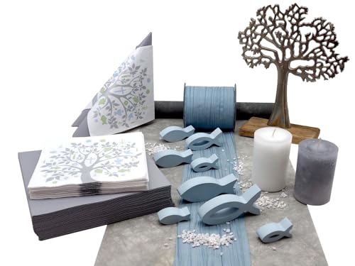 Tischdeko Kommunion Konfirmation Grau Taubenblau Fische Baum des Lebens Set 20 Personen von ZauberDeko
