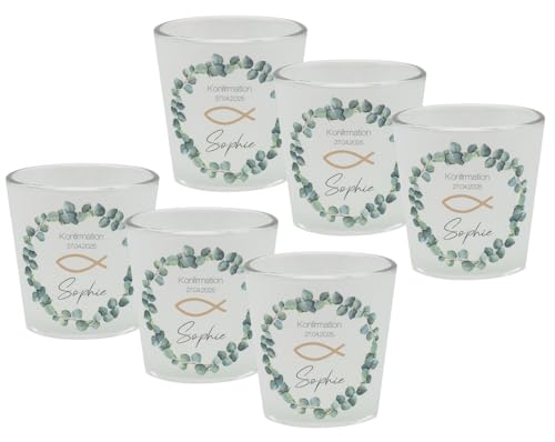 Windlicht Banderole Eukalyptus Fisch Gold Kommunion Konfirmation Tischdeko PERSONALISIERT 7,5cm H, Menge:6 Stück Windlicht Banderole Eukalyptus Fisch Gold Kommunion Konfirmation Tischdeko PERSONALISIERT 7,5cm H, Menge:6 Stück von ZauberDeko