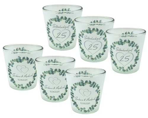 Windlicht Votiv Banderole Silberhochzeit Eukalyptus Herz Silber Tischdeko PERSONALISIERT 7,5cm H, Menge:6 Stück von ZauberDeko