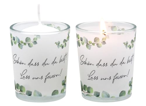 Windlichtglas mit Motiv Banderole mit Eukalyptus und Spruch 'Schön, DASS du da bist!' inkl. Kerze Set 2 Stück von ZauberDeko