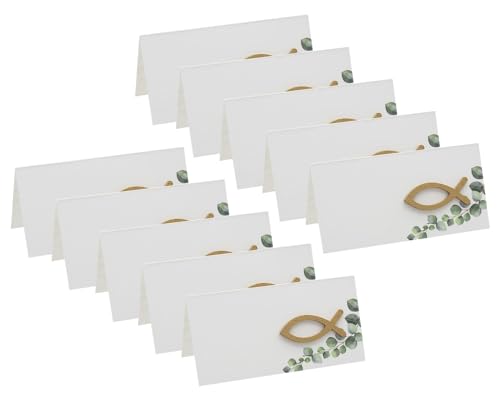 ZauberDeko 10 Tischkarten Namenskarten Weiß Eukalyptus Grün Fisch Holz Gold Tischdeko Kommunion Konfirmation von ZauberDeko