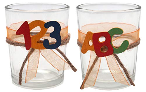 ZauberDeko 2X Teelichtglas Schulanfang Einschulung Tischdeko ABC Party Kinder Bunt von ZauberDeko