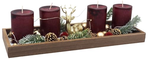 ZauberDeko Adventsgesteck Weihnachten Deko Tablett Holz Hirsch Gold Bordeaux Lichterkette 40cm von ZauberDeko