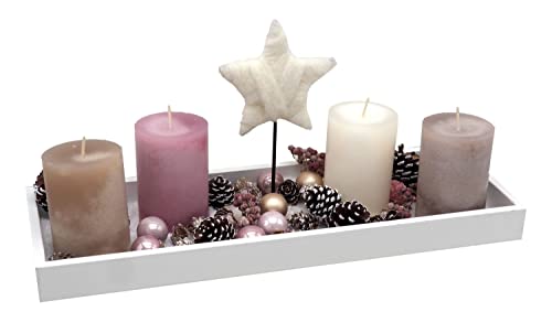 ZauberDeko Adventsgesteck Weihnachtsgesteck Tablett Kerzen Rosa Stern Creme Weihnachtsdeko 44cm von ZauberDeko