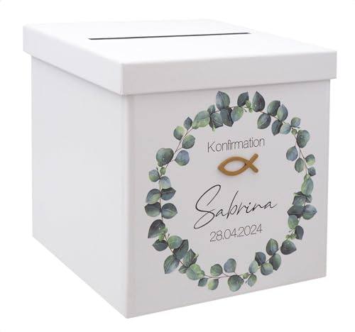 ZauberDeko Briefbox Eukalyptus Fisch Gold Kommunion Konfirmation Taufe Personalisiert Kartenbox von ZauberDeko