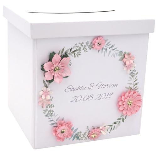 ZauberDeko Briefbox Kartenbox MIT Namen Hochzeit Vintage Trauung Blüten Blumen Rosa Weiß von ZauberDeko