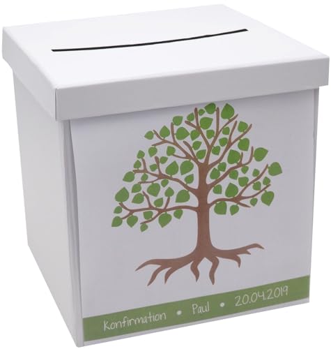 ZauberDeko Briefbox Kartenbox MIT Namen Kommunion Konfirmation Baum des Lebens Grün von ZauberDeko