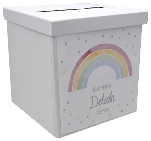 ZauberDeko Briefbox Kartenbox Regenbogen Bunt Taufe Kommunion Konfirmation Tischdeko Personalisiertes Geschenk von ZauberDeko