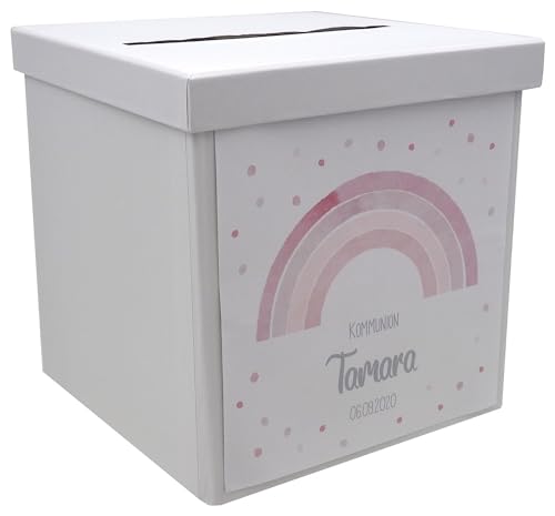 ZauberDeko Briefbox Kartenbox Regenbogen Rosa Taufe Kommunion Konfirmation Tischdeko Personalisiertes Geschenk von ZauberDeko