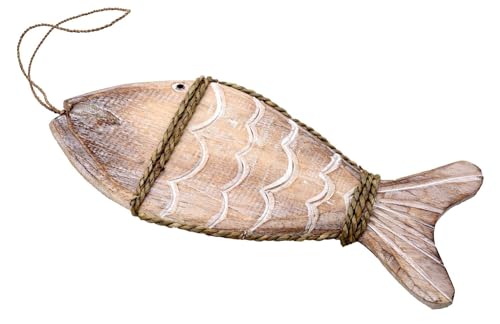 ZauberDeko Fisch Holz Natur Weiß gewischt Seegras Kordel Aufhänger Wanddeko 30cm L von ZauberDeko