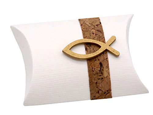 ZauberDeko Gastgeschenk Schachtel Kork Fisch Holz Gold Basteln Kartonage Tischdeko Kommunion Konfirmation von ZauberDeko