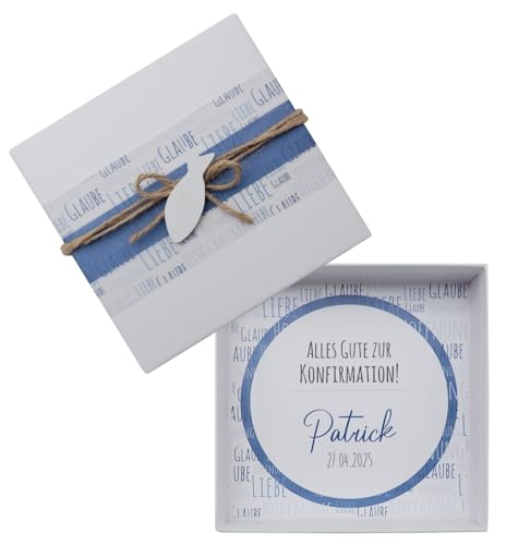 ZauberDeko Geldgeschenk Verpackung Personalisiert Kommunion Konfirmation Weiß 'Glaube,Liebe,Hoffnung' Blau von ZauberDeko