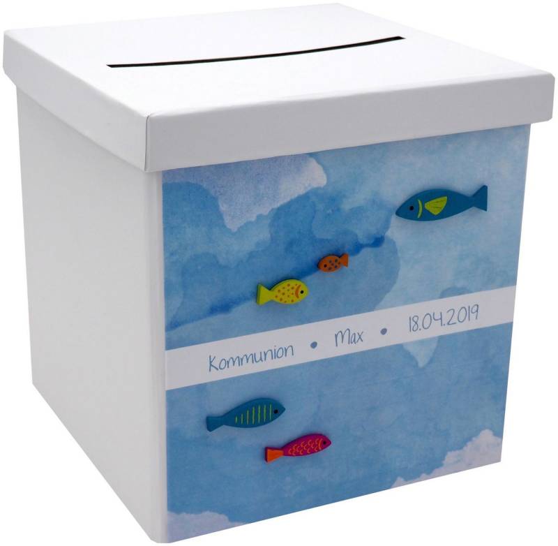 ZauberDeko Geschenkbox Briefbox Kartenbox MIT NAMEN Kommunion Konfirmation Fische Blau von ZauberDeko