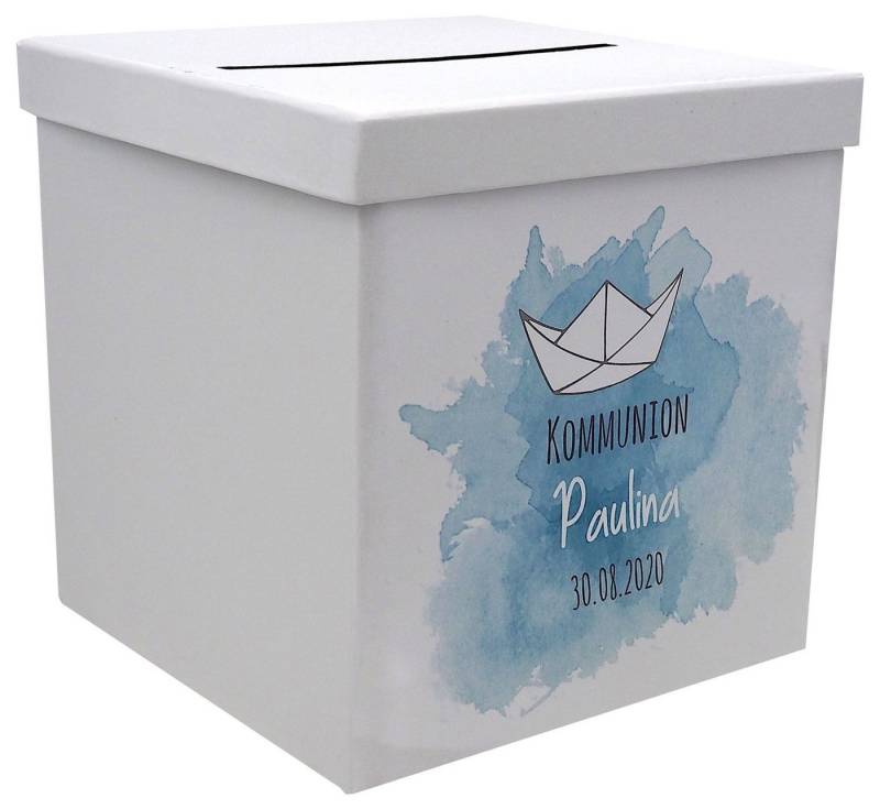 ZauberDeko Geschenkbox Briefbox Kartenbox Taufe Kommunion Konfirmation Papierboot MIT NAME von ZauberDeko
