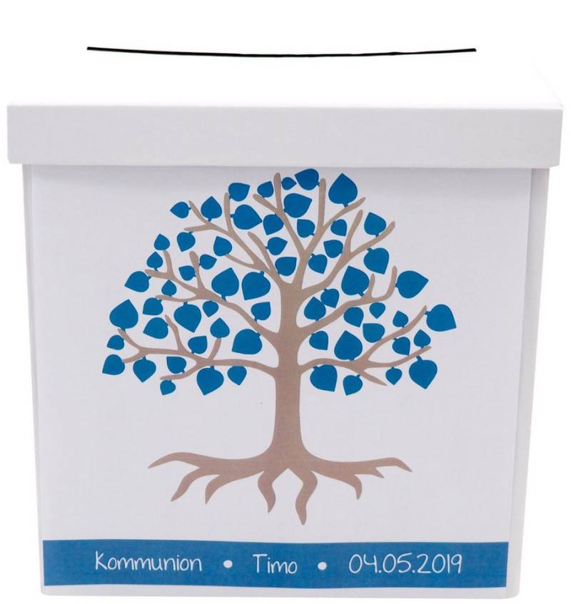 ZauberDeko Geschenkbox Briefbox MIT NAMEN Kommunion Konfirmation Baum des Lebens Petrol von ZauberDeko
