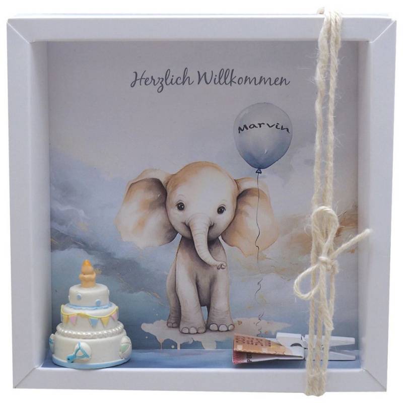 ZauberDeko Geschenkbox Taufe Geldgeschenk Verpackung MIT NAMEN Elefant Blau Geburt von ZauberDeko