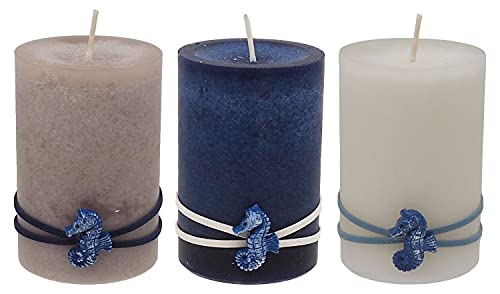 ZauberDeko Kerzen Stumpenkerzen Maritime Kerzen Creme Braun Blau Seepferdchen Deko Tischdeko Mix 3 Stück von ZauberDeko