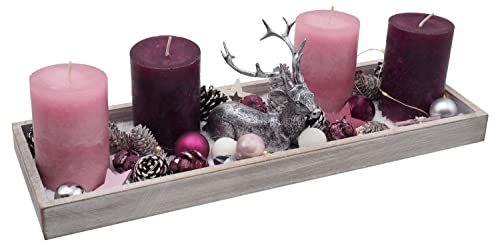 ZauberDeko LED Adventsgesteck Weihnachtsdeko Tablett Holz Hirsch Silber Rosa Beere Lichterkette 40cm von ZauberDeko