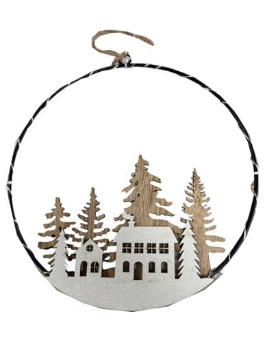 ZauberDeko Metallring Schwarz mit LED Türkranz Haus Tannenbaum Hirsch Natur Weiß Weihnachten Ø20cm, Modell:Modell1 von ZauberDeko