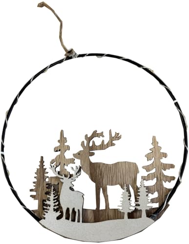ZauberDeko Metallring Schwarz mit LED Türkranz Haus Tannenbaum Hirsch Natur Weiß Weihnachten Ø20cm, Modell:Modell2 von ZauberDeko
