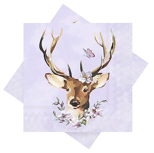 ZauberDeko Servietten Hirsch Blumengeweih Lavendel Tischdeko 33 x 33 cm 20 Stück von ZauberDeko