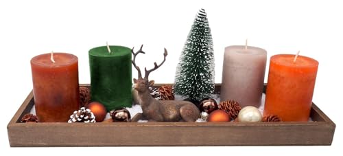 ZauberDeko Tablett Braun Adventsgesteck Hirsch Orange Kerzen Tannenbaum Weihnachten Deko 40cm von ZauberDeko