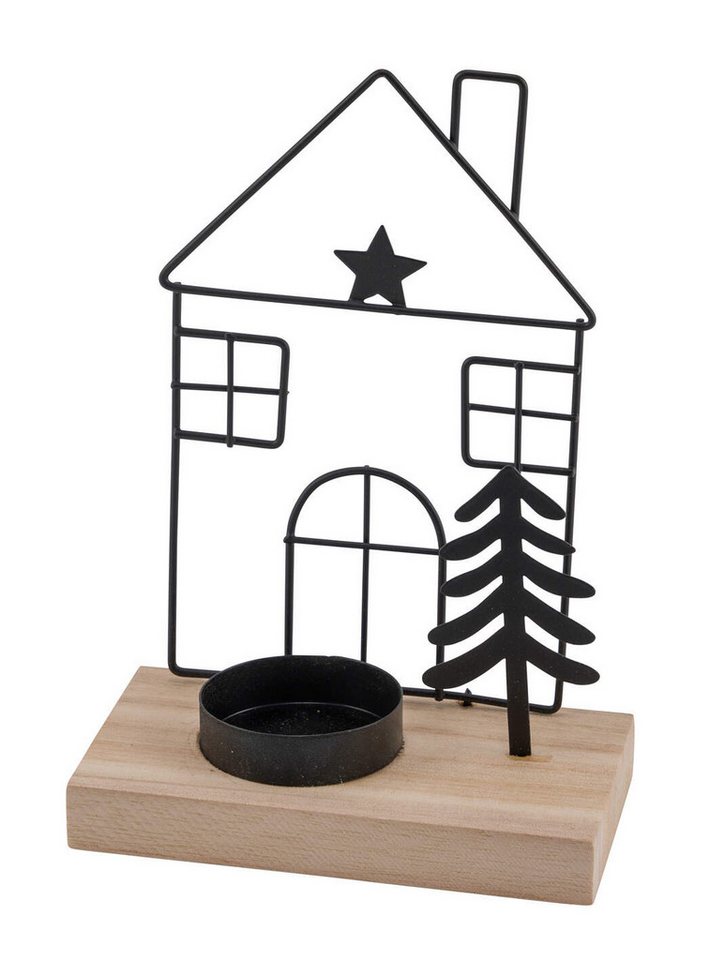 ZauberDeko Teelichthalter Haus Schwarz Teelichthaus Teelichthalter Holzfuß Deko Einzug Geschenk von ZauberDeko