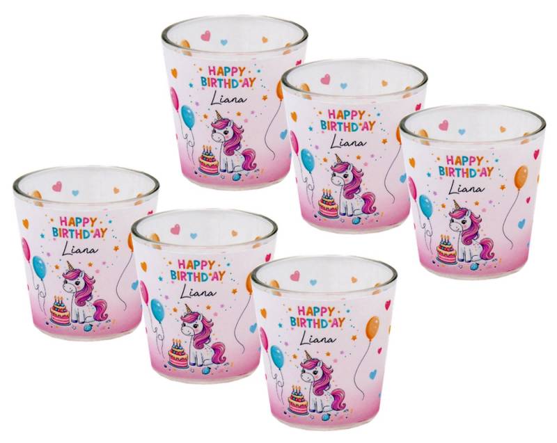 ZauberDeko Teelichthalter Windlicht Banderole Einhorn Geburtstag Kinder Tischdeko MIT NAME (6 St) von ZauberDeko