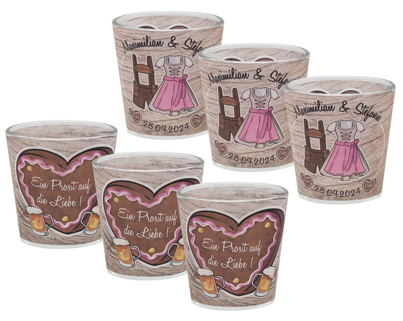 ZauberDeko Teelichthalter Windlicht Oktoberfest Rosa Braun Hochzeit MIT NAME 7,5cm H (6 St) von ZauberDeko